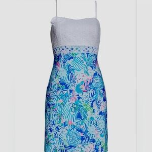 White & Blue Floral Sundress with Lace Waistband